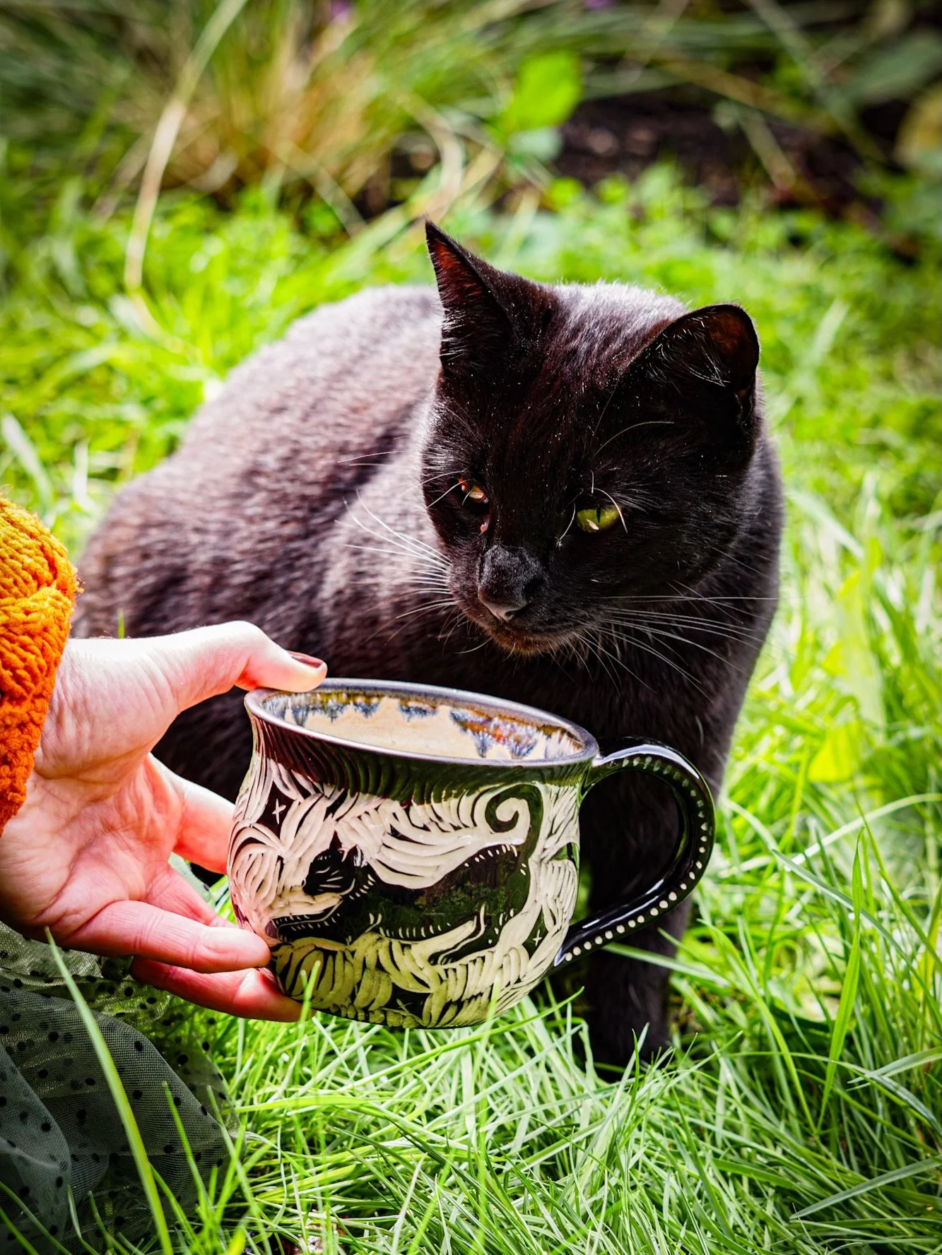 🎃 The Hallowed Harvest Collection is live 🎃 

Sgraffito pottery covered in carvings of autumn leaves 🍂 black cats 🐈&zwj;⬛ and woodland mushrooms 🍄 

I think the black cat mug is my favourite ❤️ perfect for evening hot chocolates this cosy season