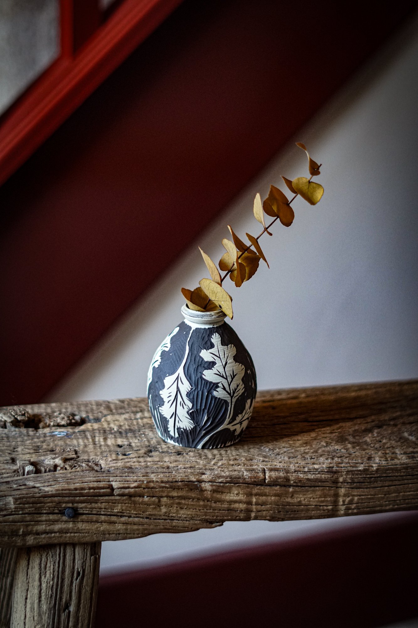 Black Clay Bud Vase - Oak Leaf