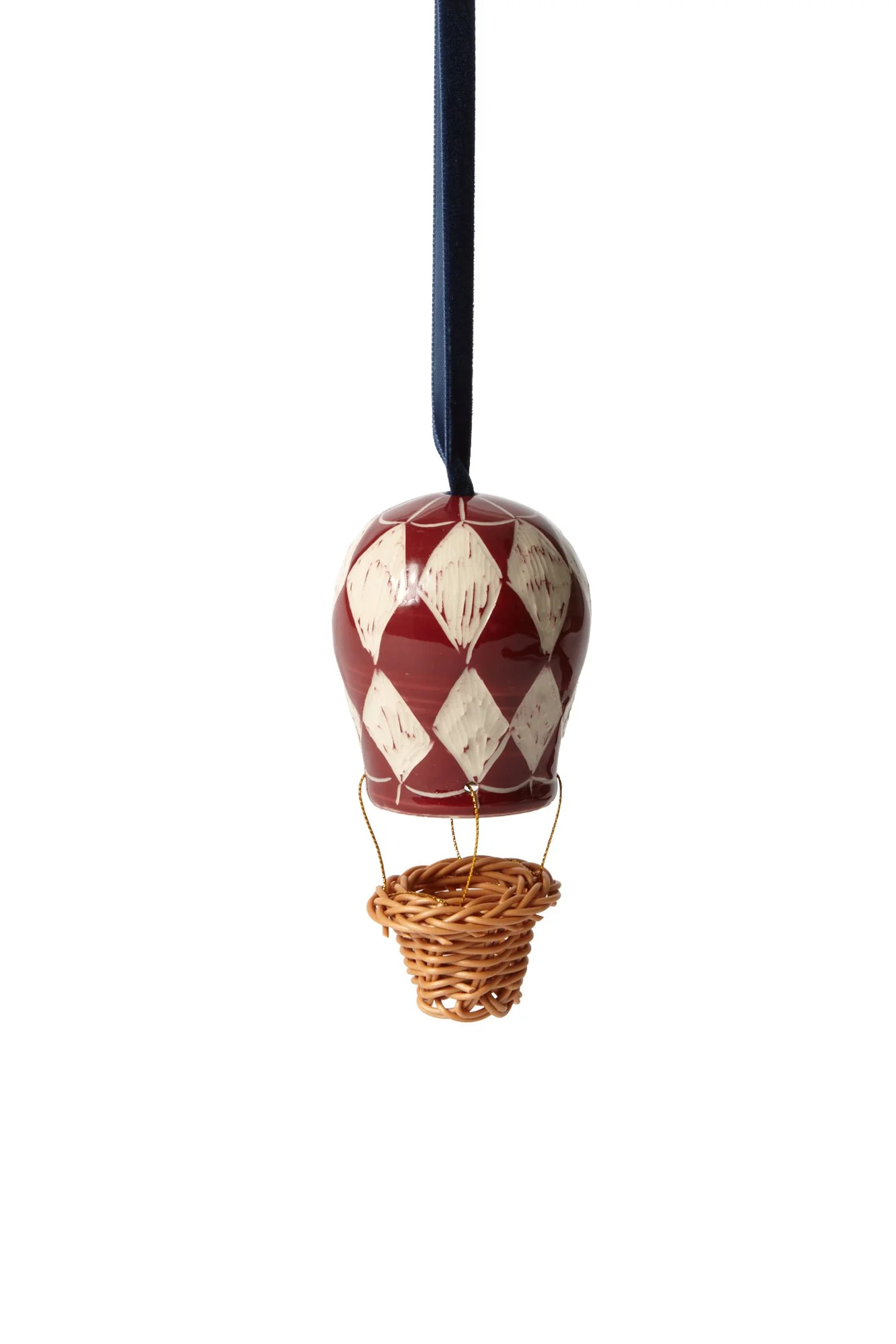 Hot Air Balloon Tree Decoration - £45 (avaliable from 7th Nov). A handmade hot-air balloon bauble with harlequin patterns for a vintage Christmas tree.