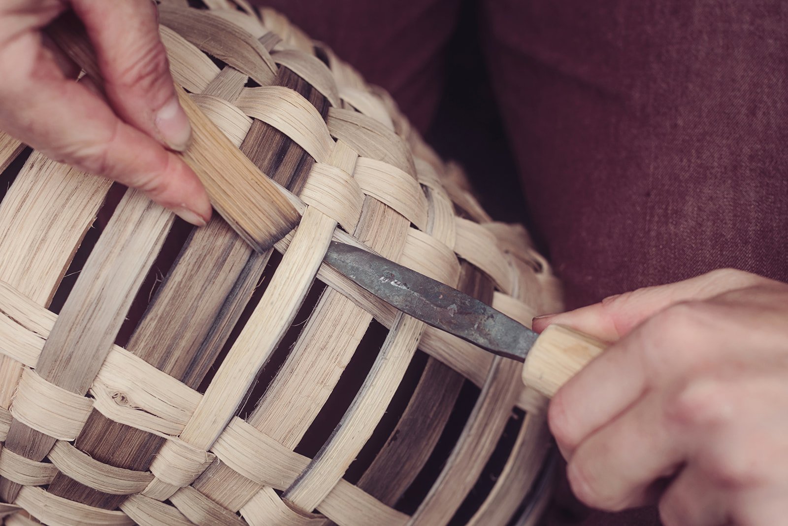 Lorna Singleton spelk basketry basketmakers tool for split wood baskets bodkin, blacksmith made, bespoke, oak and steel, lever, weaving tool.jpg