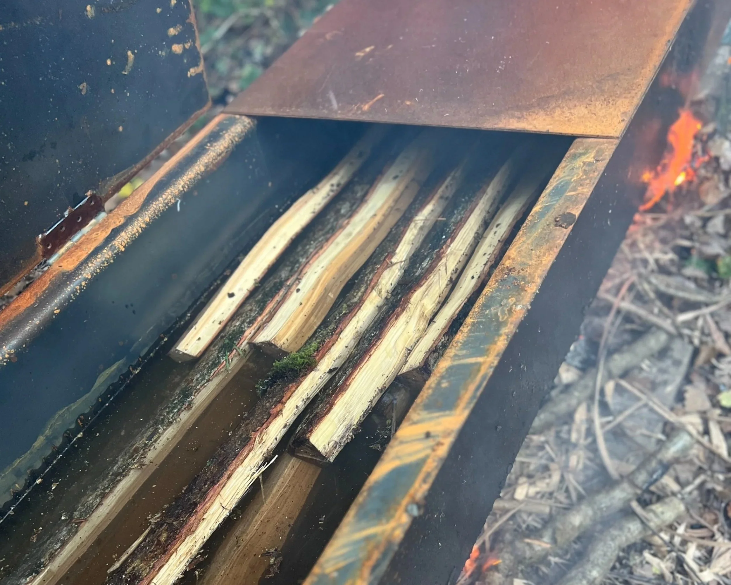Oak billets boiling in a metal trough to be riven into strips and woven into baskets