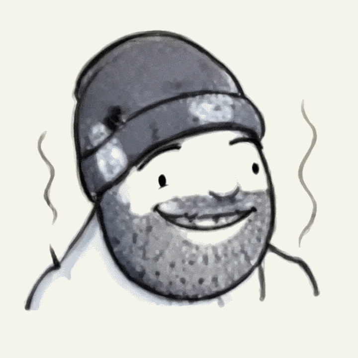 Cartoon illustration of a smiling man with a beard wearing a beanie and a hoodie, steam rising around him.