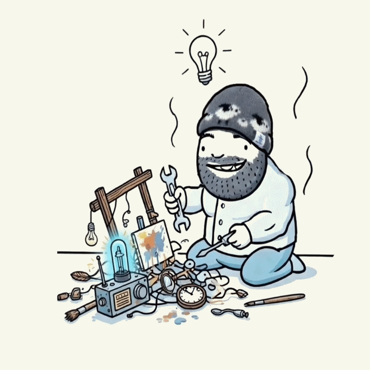 Cartoon of a smiling person with a beard wearing a beanie, sitting on the floor surrounded by art supplies, holding a wrench and a screwdriver, with a light bulb above their head indicating an idea, and a makeshift art setup with a small glowing invention.