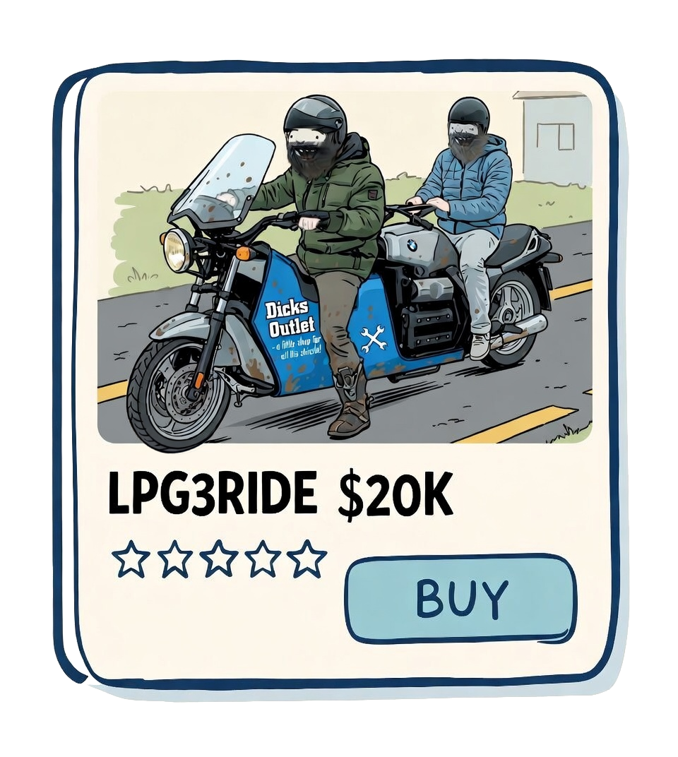 Illustration of two people riding a motorcycle on a road. One is sitting in front with a helmet and jacket, and the other is sitting behind, also with a helmet and jacket. The motorcycle has an advertisement on it that says "Dicks Outlet". An overlay of a shopping app's product listing shows the motorcycle as the item, priced at $20, with a five-star rating and a "Buy" button.