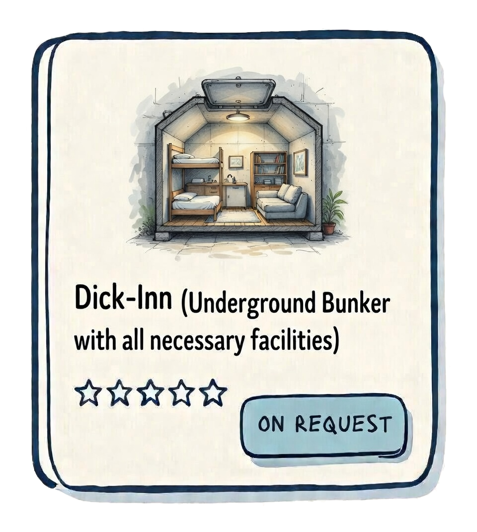 Illustration of an underground bunker with beds, a sofa, and library shelves, labeled 'Dick-Inn' with a five-star rating and an 'On Request' button.