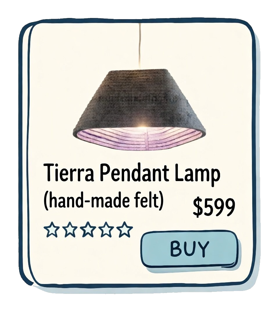 Handmade felt Tierra pendant lamp with a dark exterior and a light interior, hanging from a ceiling.