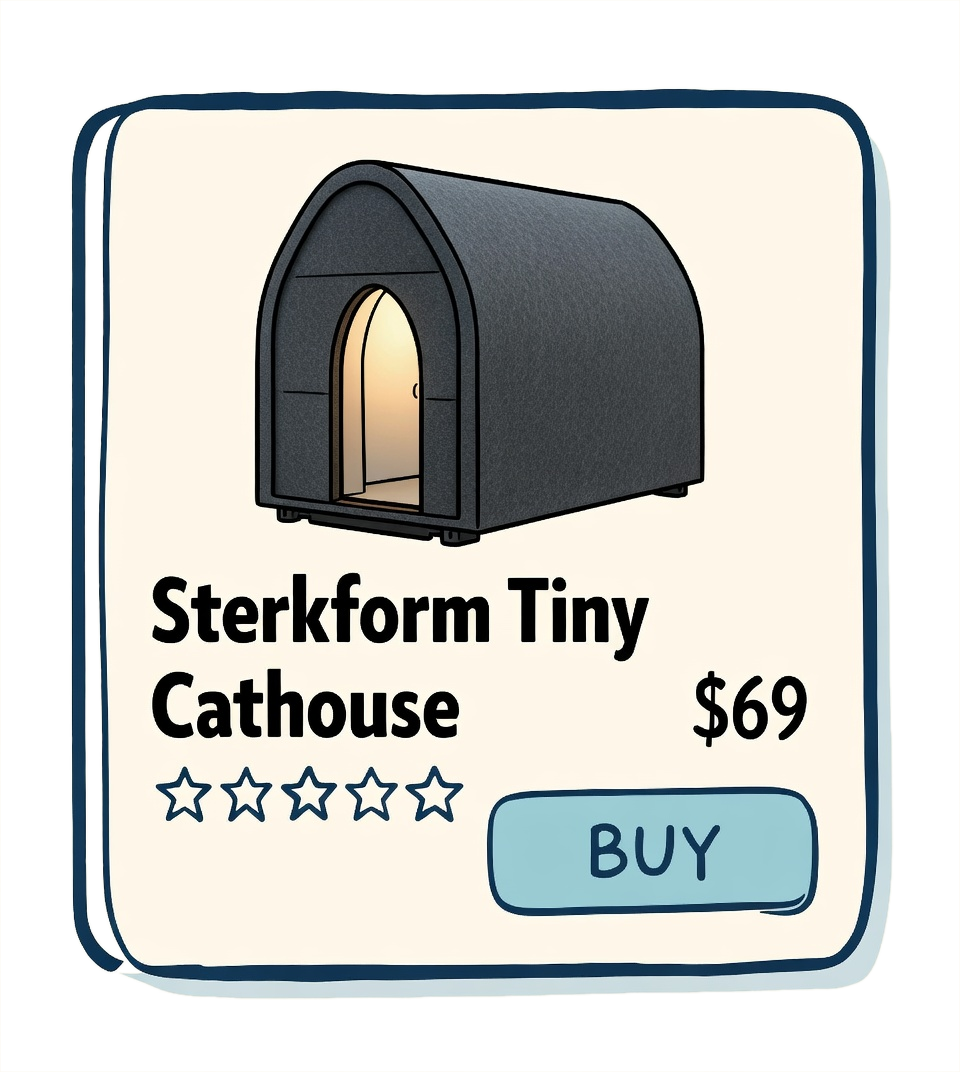 A small black prefabricated tiny house with a screened door on display, priced at $69, with a five-star rating and a blue buy button.
