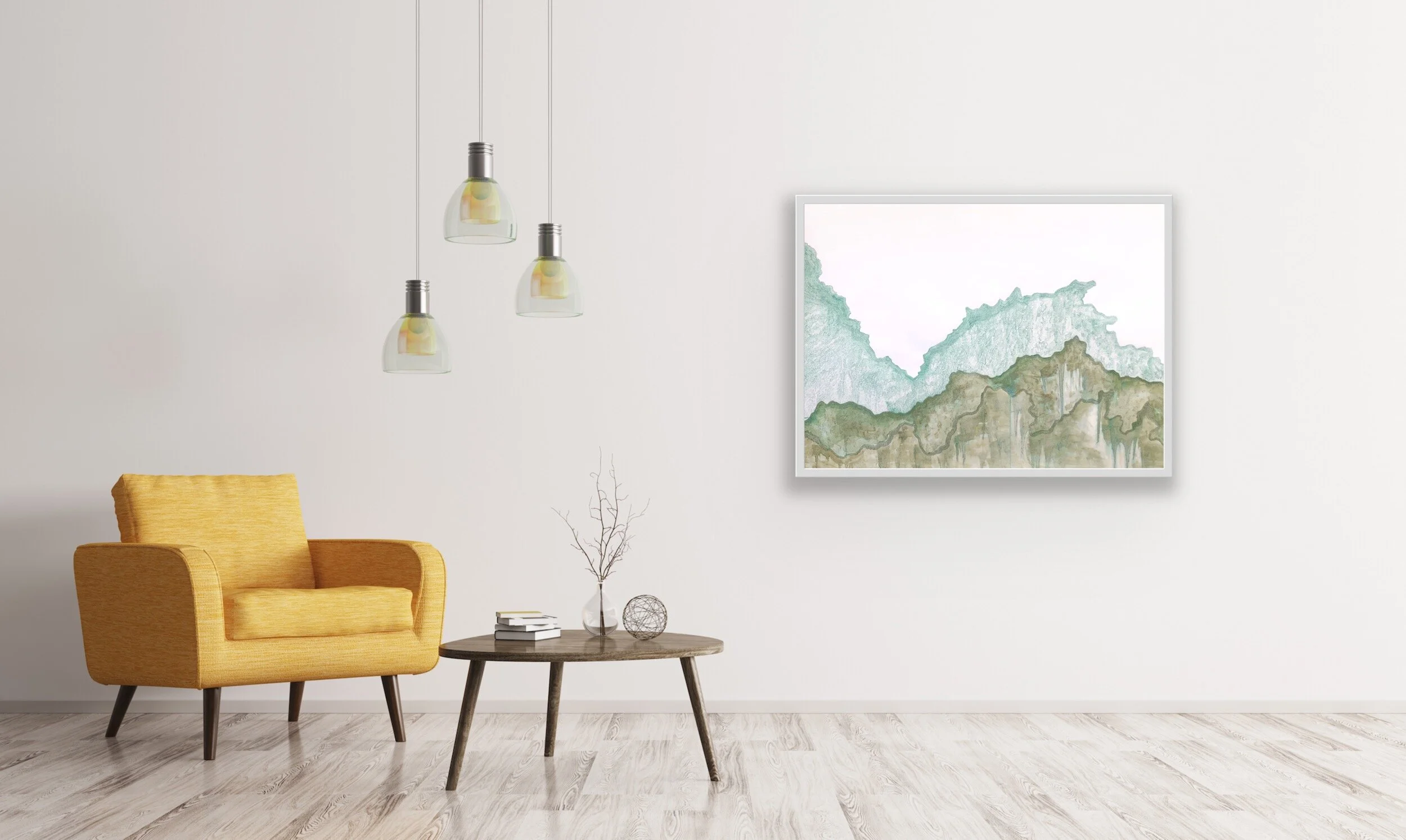 A living room with a yellow armchair, a round wooden coffee table with books and decorations, three hanging pendant lights, a white wall with a framed landscape painting, light wooden floors.