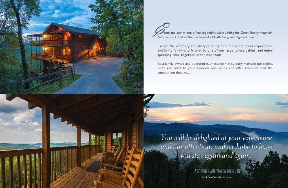 A promotional brochure for Gatlinburg and Pigeon Forge, Tennessee, featuring images of wooden cabins with scenic mountain views, a house on a wooded hill, a balcony with rocking chairs, and a sunset over mountains.