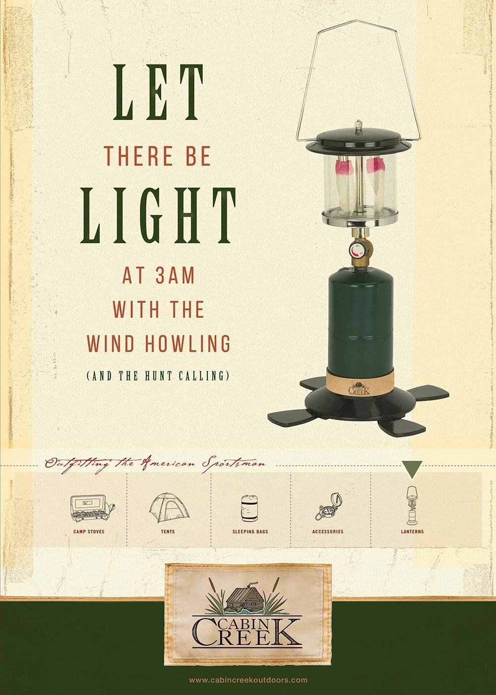 A vintage-style poster with camping equipment icons, promoting outdoor survival tips. It features a small lantern on the right and text that says, 'Let there be light at 3 am with the wind howling (and the hunt calling)'. The bottom includes a logo f