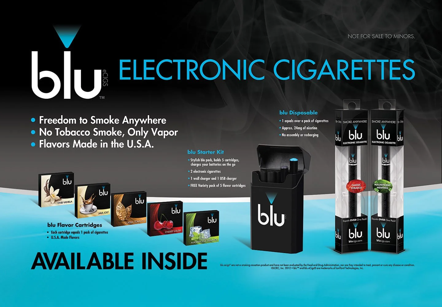 Promotional advertisement for blu electronic cigarettes, showcasing different flavors, starter kit, disposable devices, and emphasizing no tobacco smoke and vapor-only usage.