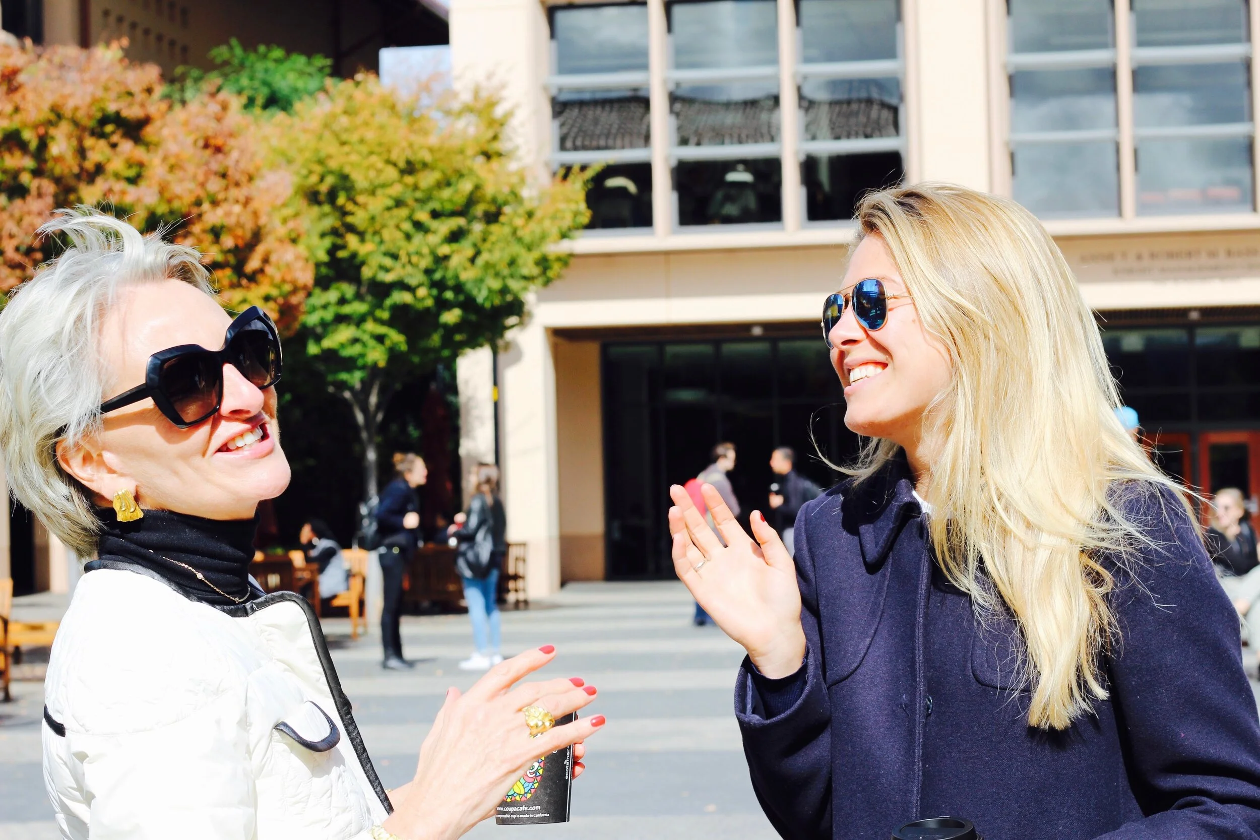 Frances and her daughter, Alexandra Edmonds. Inter-generational coffee break. Stanford Graduate School of Business.
