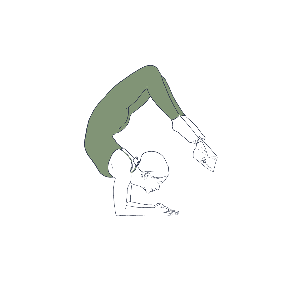 Line drawing of a woman demonstrating the proper way to perform a backbend yoga pose, with a person arched backward with hands and feet on the ground.
