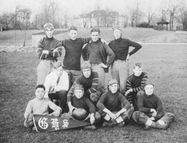 The 1914 Grandview football team. Brad Skeele is in the bottom row at the far right. The full roster is: Back row L to R: Herbert Ford, Louis Geer, Hiram Bronson, Alford Bradbury Middle Row: Julius Stone, Frances Paddock, John Guy Front Row: Joe Thomas, Robert Page, Elis Rogers, Bradley Skeele