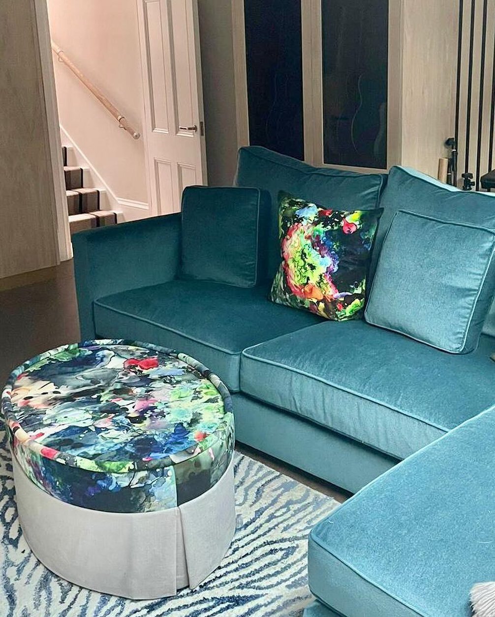 SEAT | Adding a whimsical note to this clients media room using @timorous_beasties Splat fabric as the accent 🎨 #designbyjarvisrayes