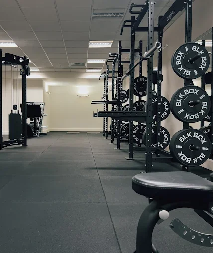 Exclusive gym with weightlifting equipment, including barbells and weight plates, on racks, and a weight bench, in a well-lit room