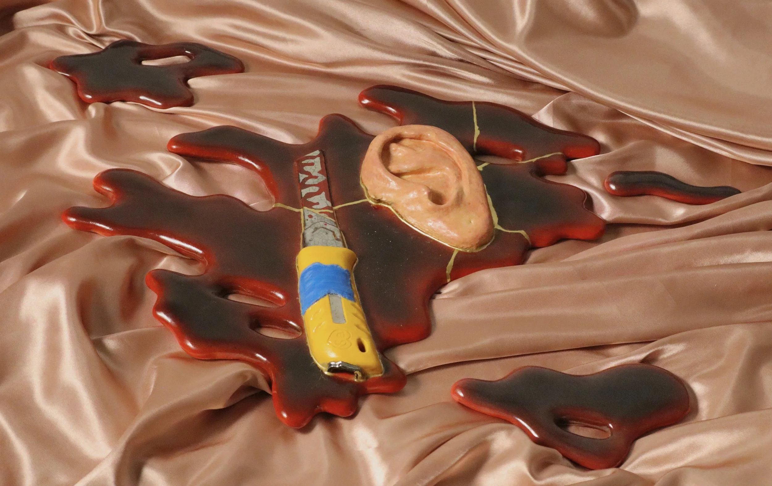 Left Ear with Razor/Glazed and lustered ceramic with Kintsugi/ 1"x24"x15"/ 2024