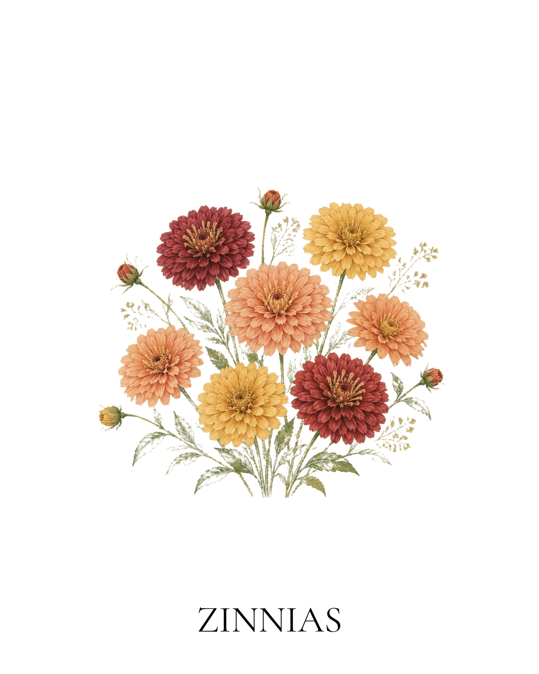 Maison FleuRich botanical illustration of burgundy, peach and yellow zinnias with soft green foliage.