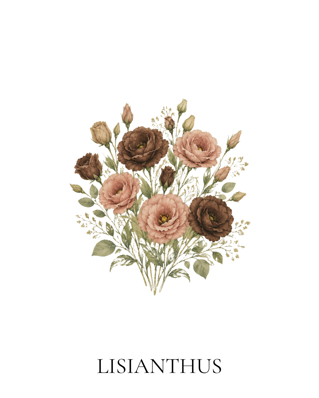 Maison FleuRich botanical illustration of dusty pink and chocolate lisianthus with ruffled blooms and slender green stems.