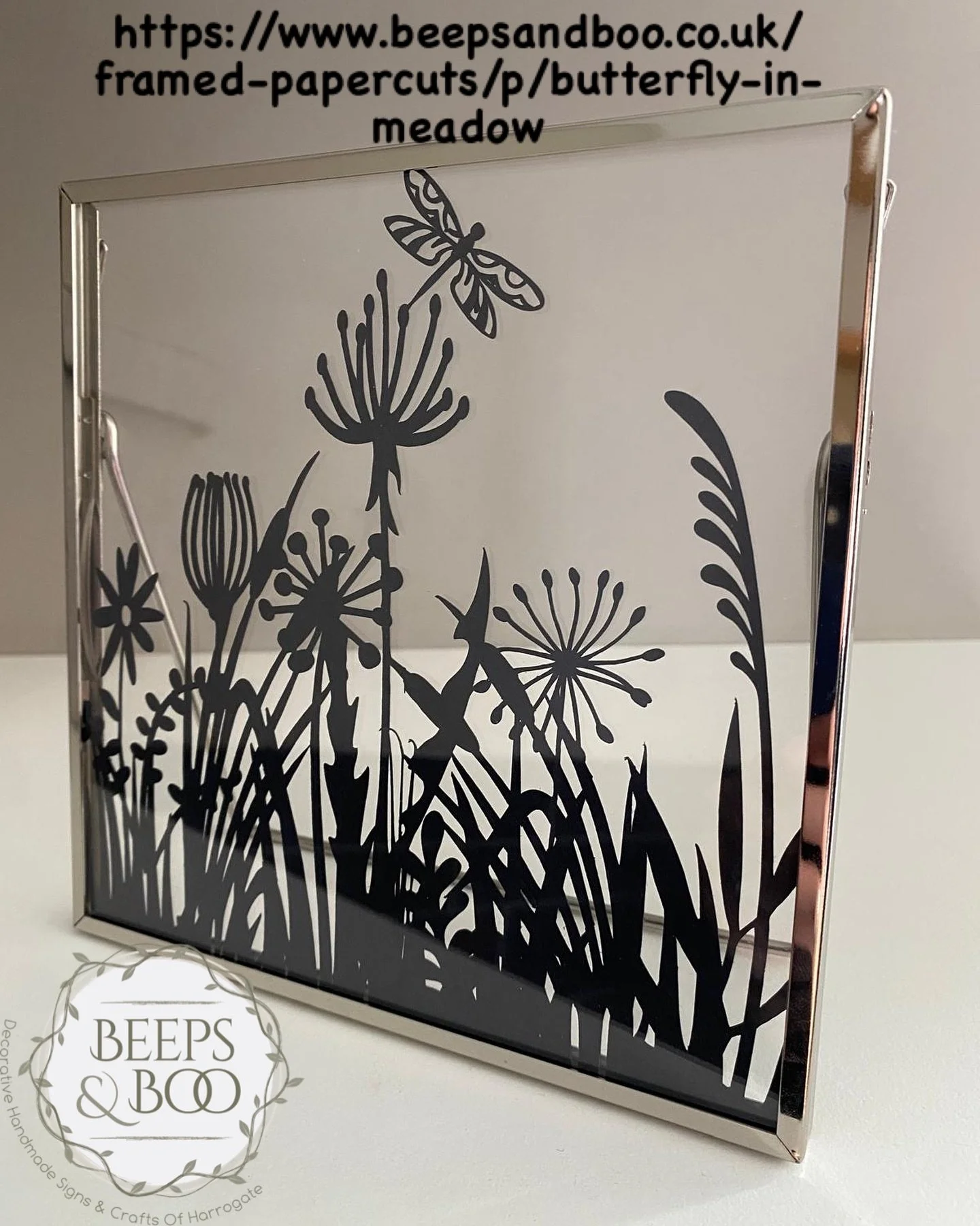 🍃🌸 &lsquo;Butterfly in meadow&rsquo; ~ paper-cut design
~
It&rsquo;s delicate yet bold; as the transparency of the glass enables the light to filter through, creating a lovely silhouette. In certain light this casts a pretty shadow of the image
~
T