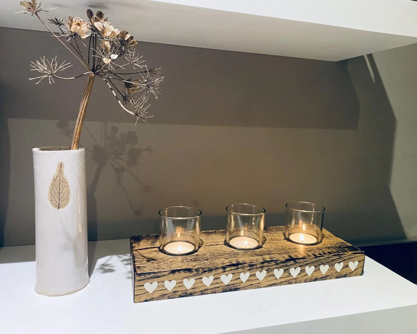 'Hearts' ~ Rustic Oak Tea-light Holder