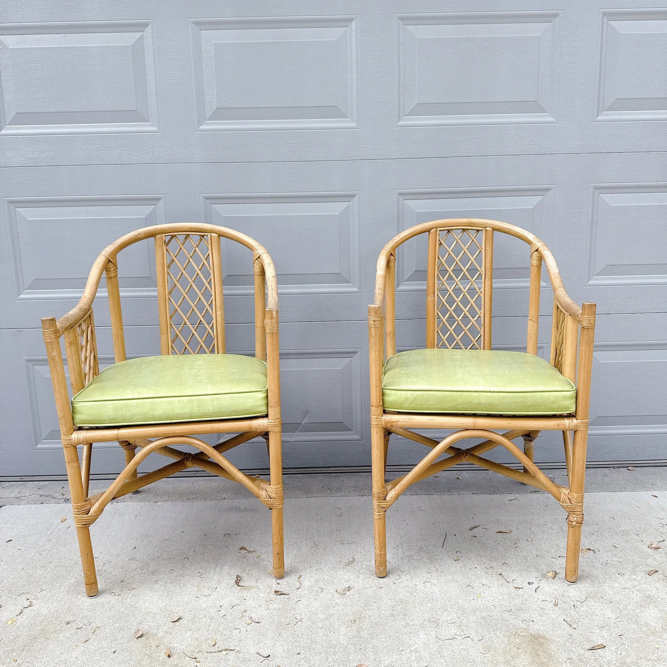 Pair of Bamboo Armchairs with Green Cushion