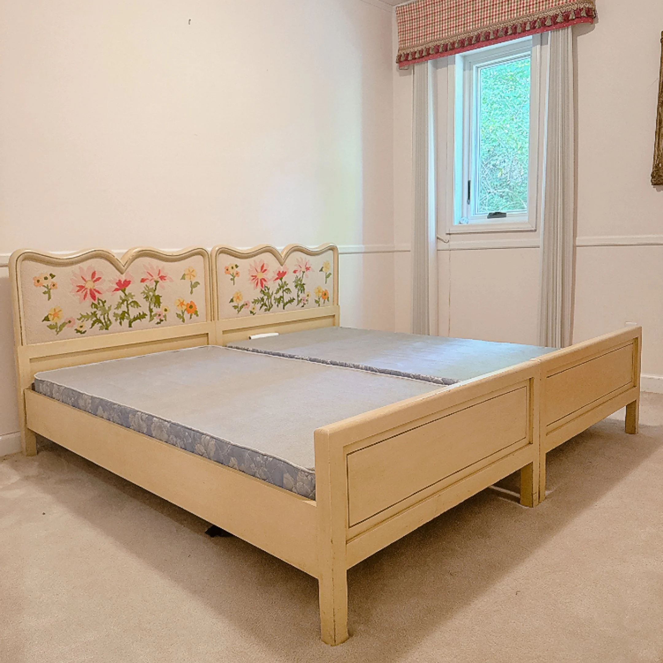 Pair of Twin Beds with Floral Needlepoint Headboard