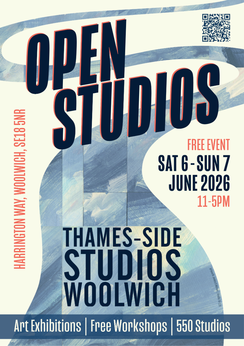 Open Studios at Thames side open studios flyer, bold text over a river design. Free event