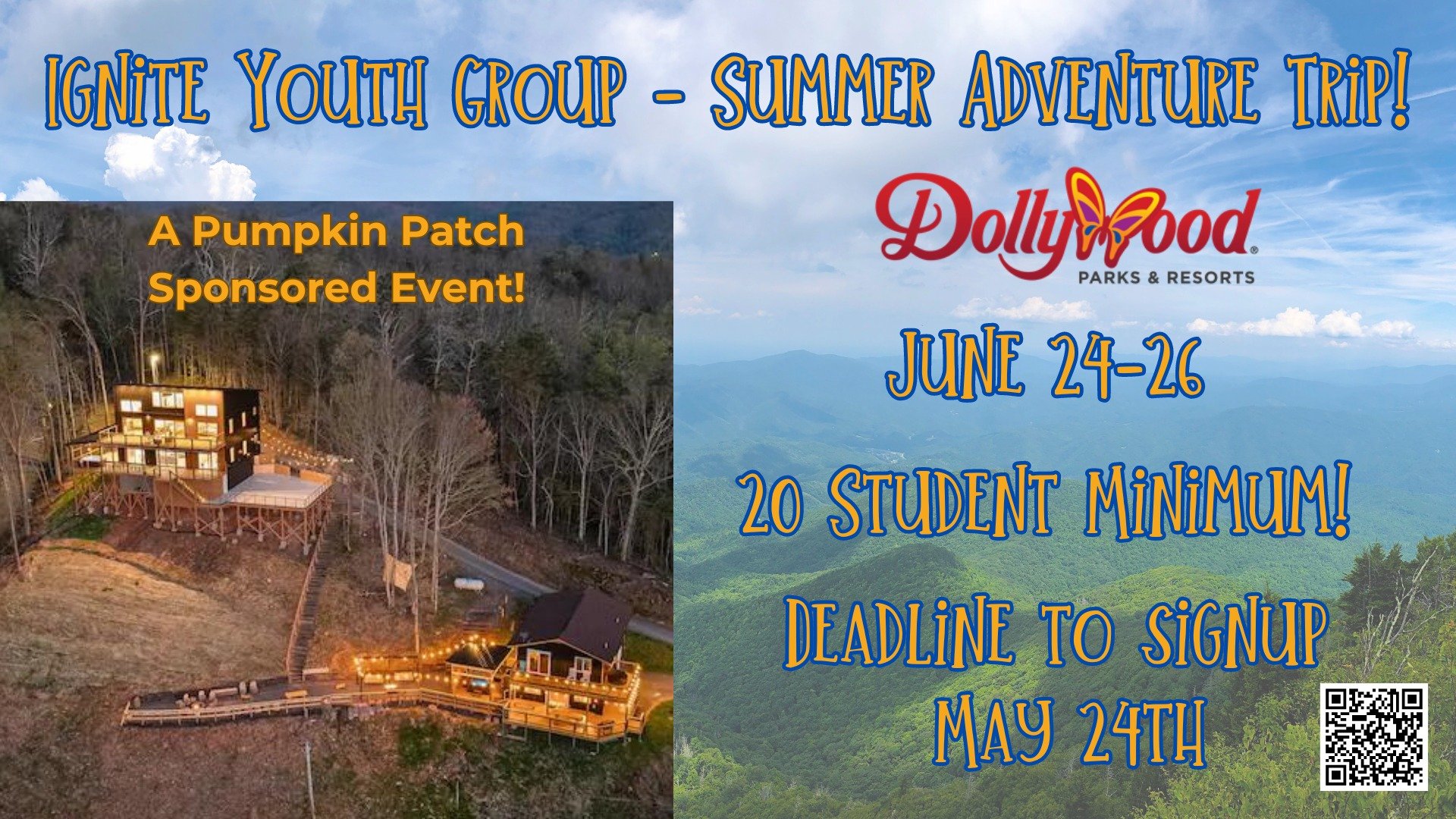 Ignite Summer Adventure Trip - Dollywood and Mountain Coasters!
June 24-26, 2024
Register on Church Center at: https://duewest.churchcenter.com/registrations/events/2297123

Come on a summer adventure with us! We will go up Monday afternoon, and stay