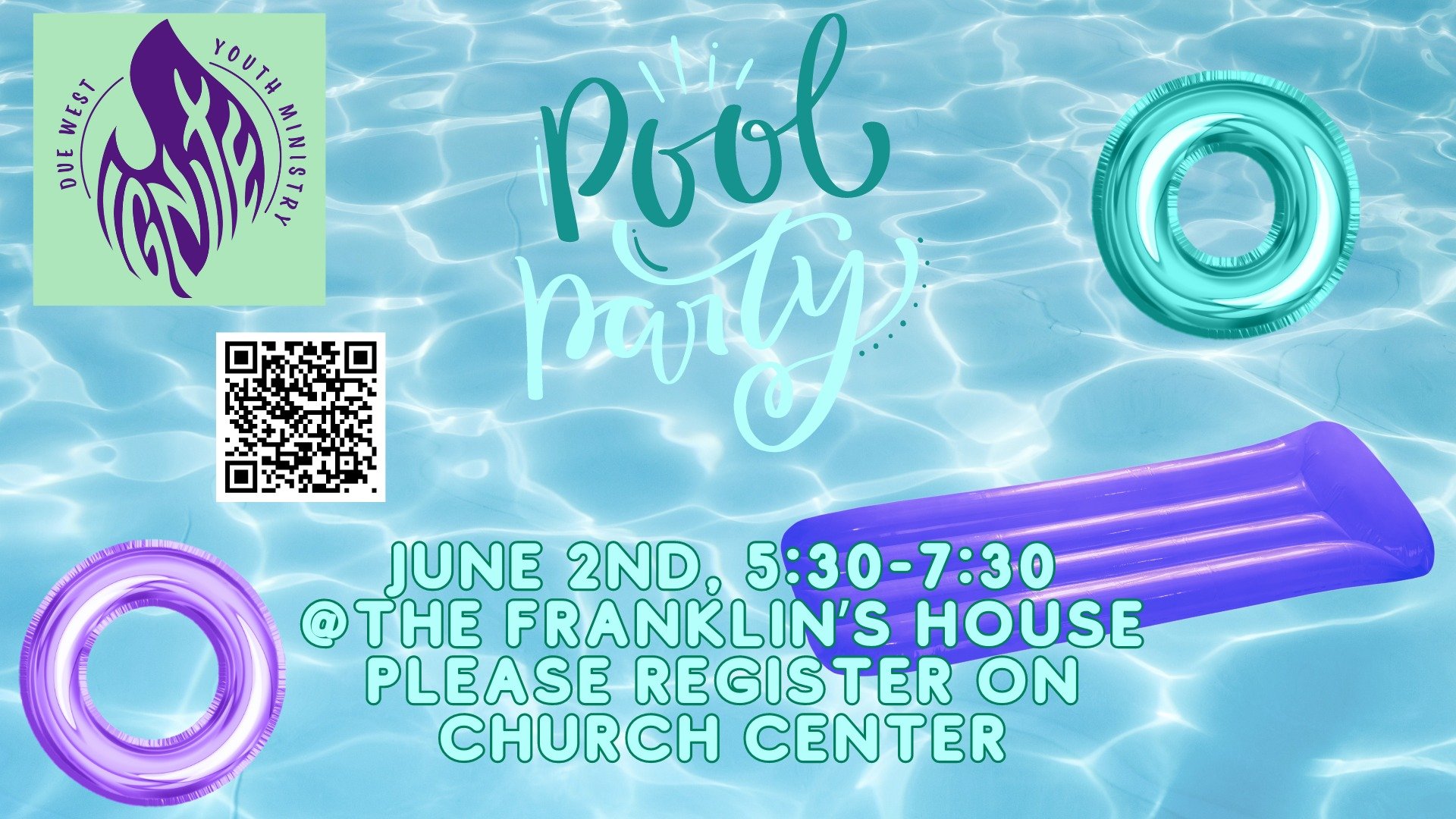 Come join us at the Franklin's home for an Ignite Pool Party!
We will eat together, swim, and fellowship! Parents are welcome to stay for dinner and visit with other parents! This is for all Ignite youth including rising 5th graders!
Registration wil