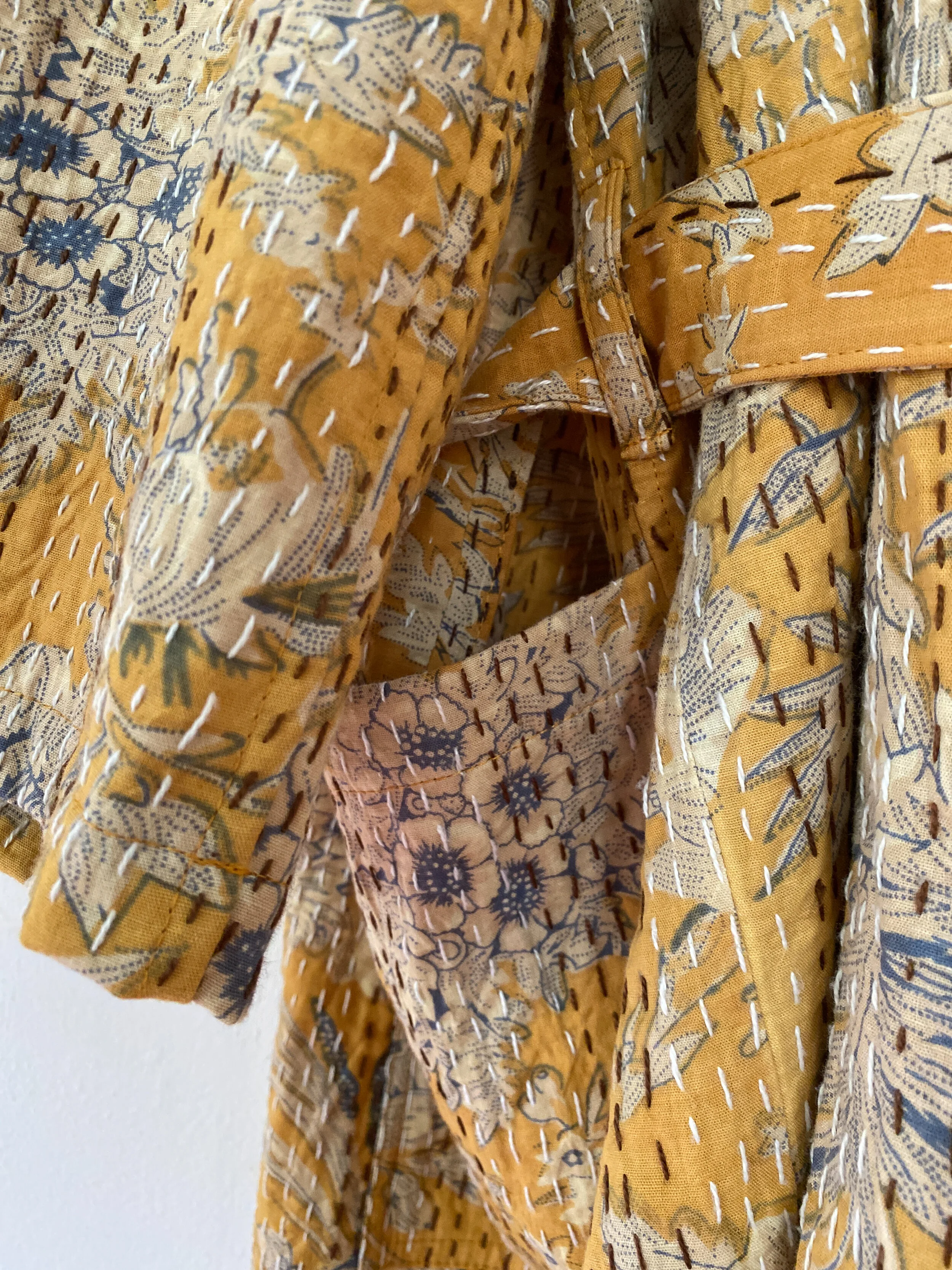 Yellow Kantha stitch block print Housecoat