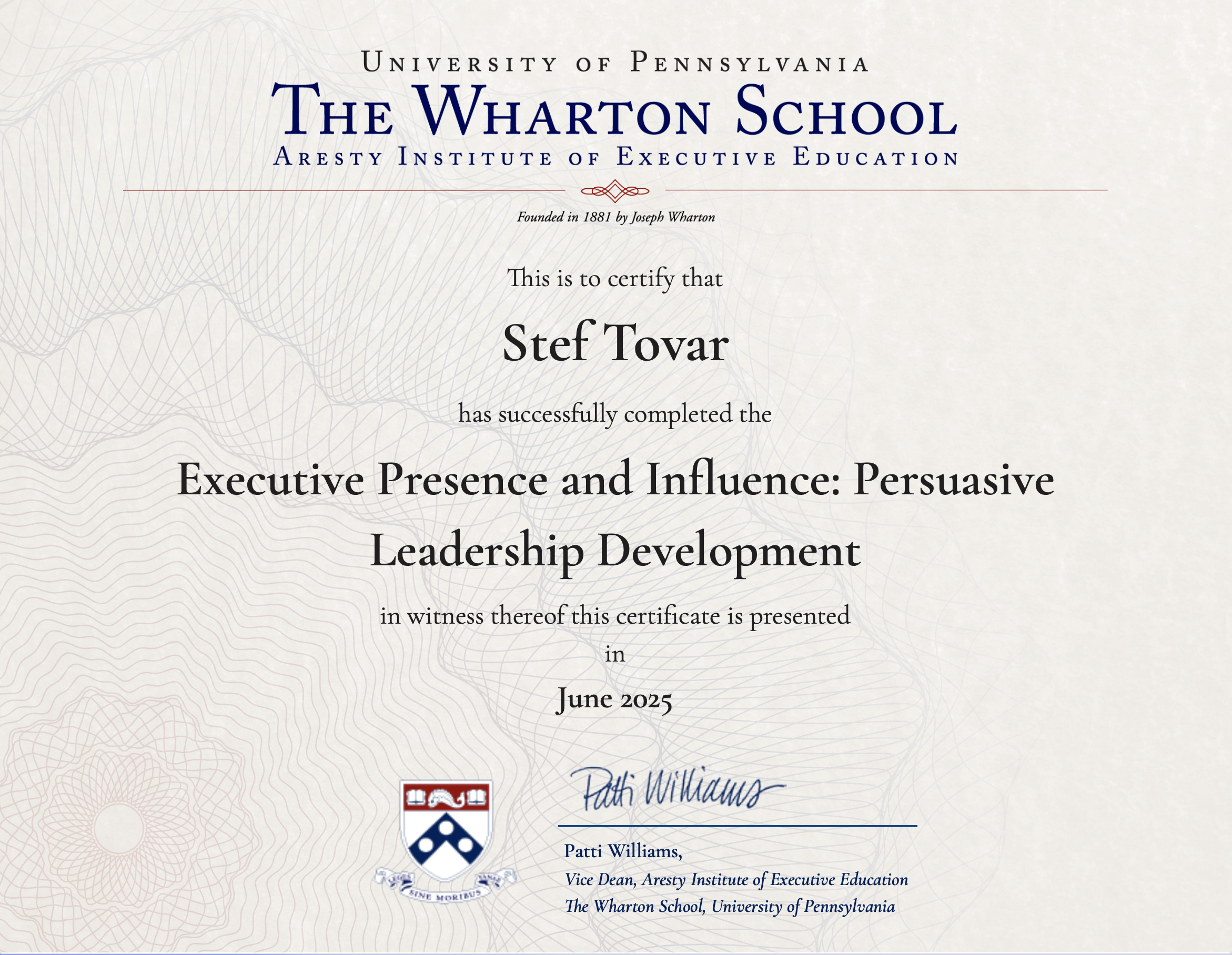 Stef is certified in Executive Presence and Leadership training from The Wharton School.