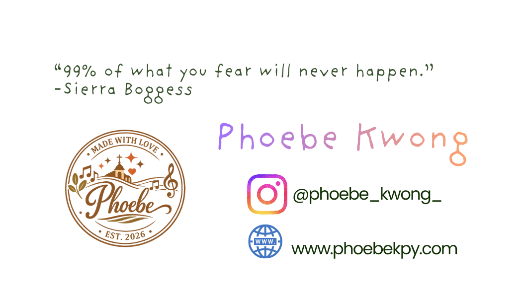 Business card or social media graphic with a quote at the top, a circular logo featuring a house, musical notes, and the name Phoebe in script, and contact information including Instagram handle @phoebe_kwong_ and website www.phoebekpy.com.