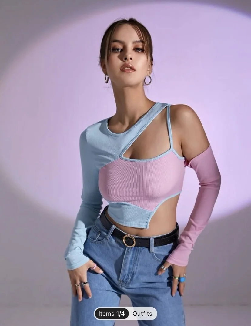 "Asymmetrical Neck Color Block Cut Out Crop Top"