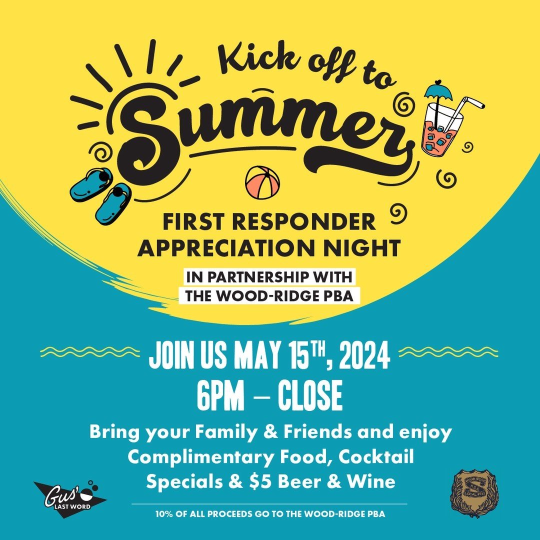 📢 Save the date and kick off the Summer with us on May 15th from 6pm on! In partnership with the Wood-Ridge PBA, we'll be raising up a glass to honor our local heroes and First Responders! Bring your family &amp; friends and enjoy delicious food, re