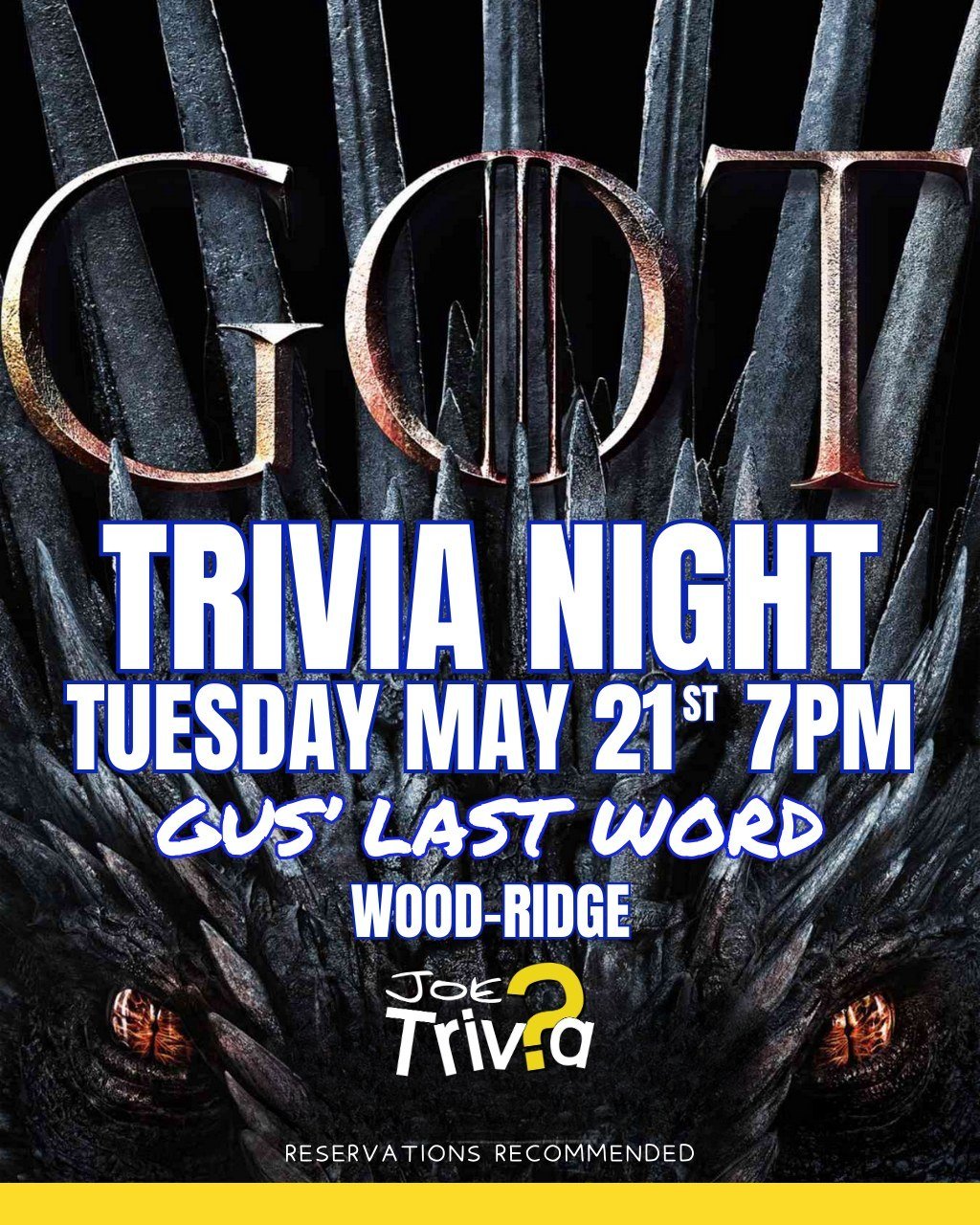 ⚔️ Calling all lords and ladies - are you worthy of sitting on the Iron Throne?! Join us next Tuesday, May 21st at 7pm to test your knowledge of the Seven Kingdoms and compete against fellow fans for honor, glory, and bragging rights. Winter may be o