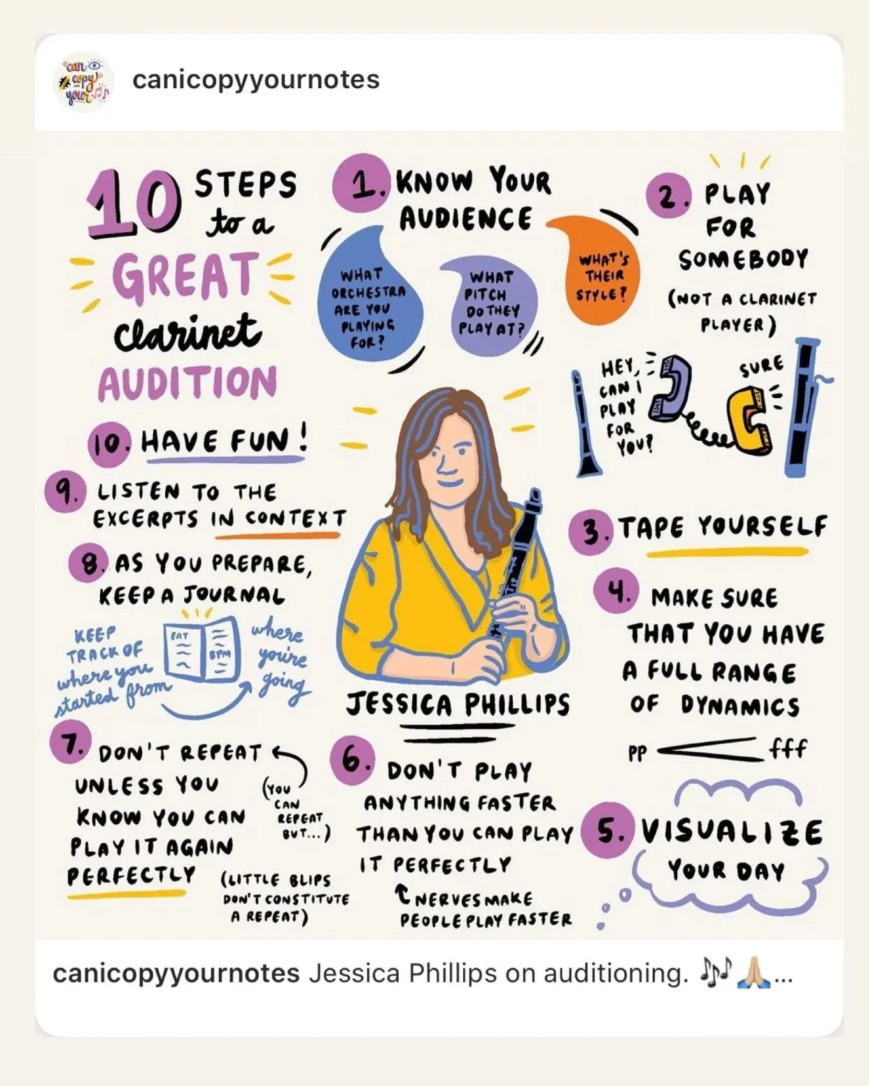Lovely instagram post by @canicopyyournotes illustrating Jessica's Ten Steps to a Great Clarinet Audition! @jessicaphillipsclarinet