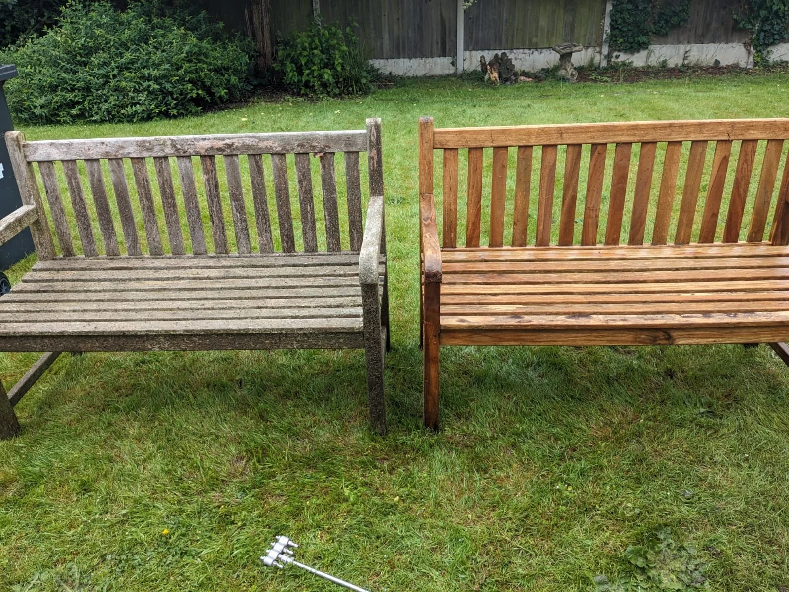 Benches pre- and post-pressure washing (left and right respectively)