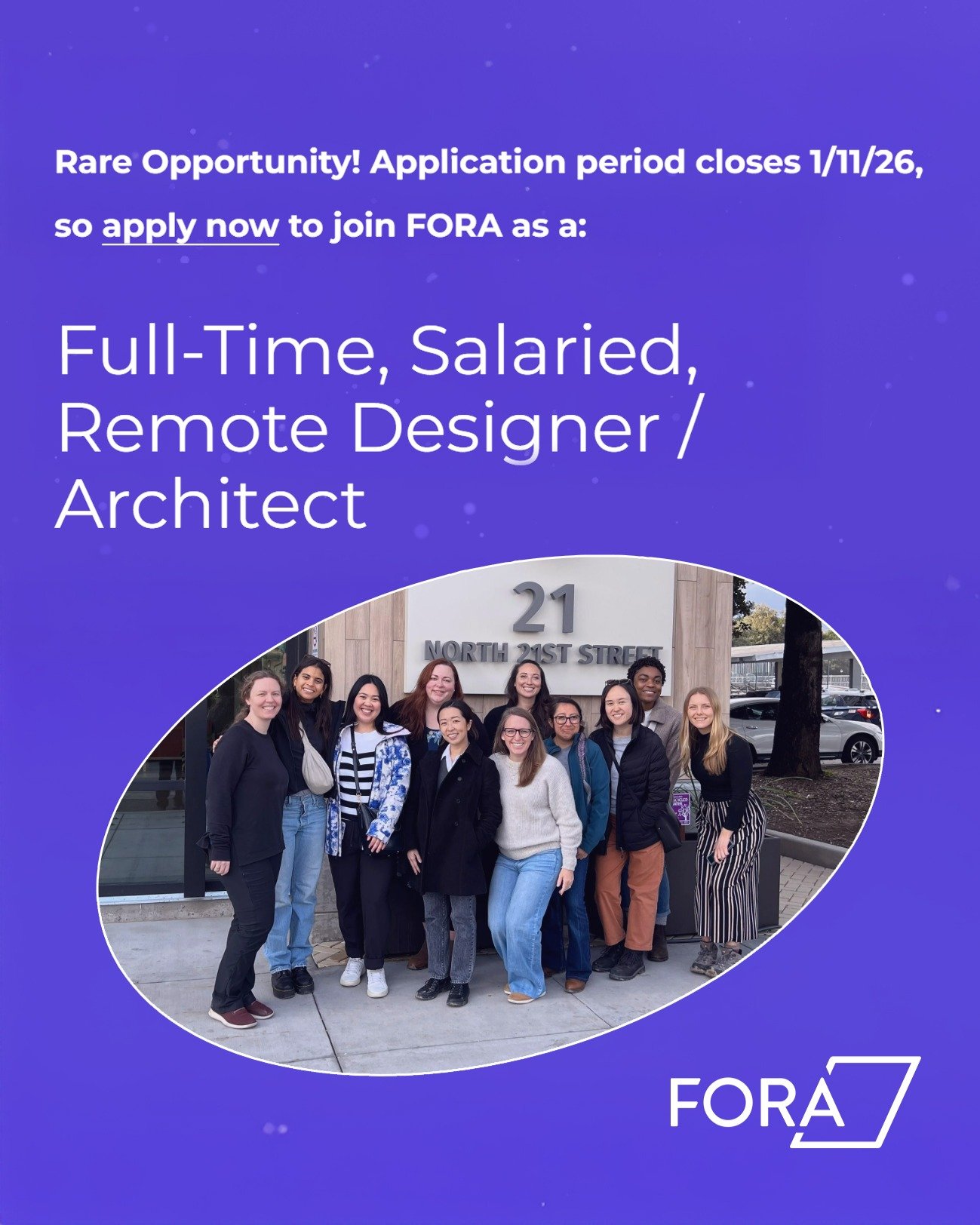 We're officially hiring! 🔥🎉

Visit our website (https://architectsfora.com/open-position-designer-architect) for more details on how to apply.