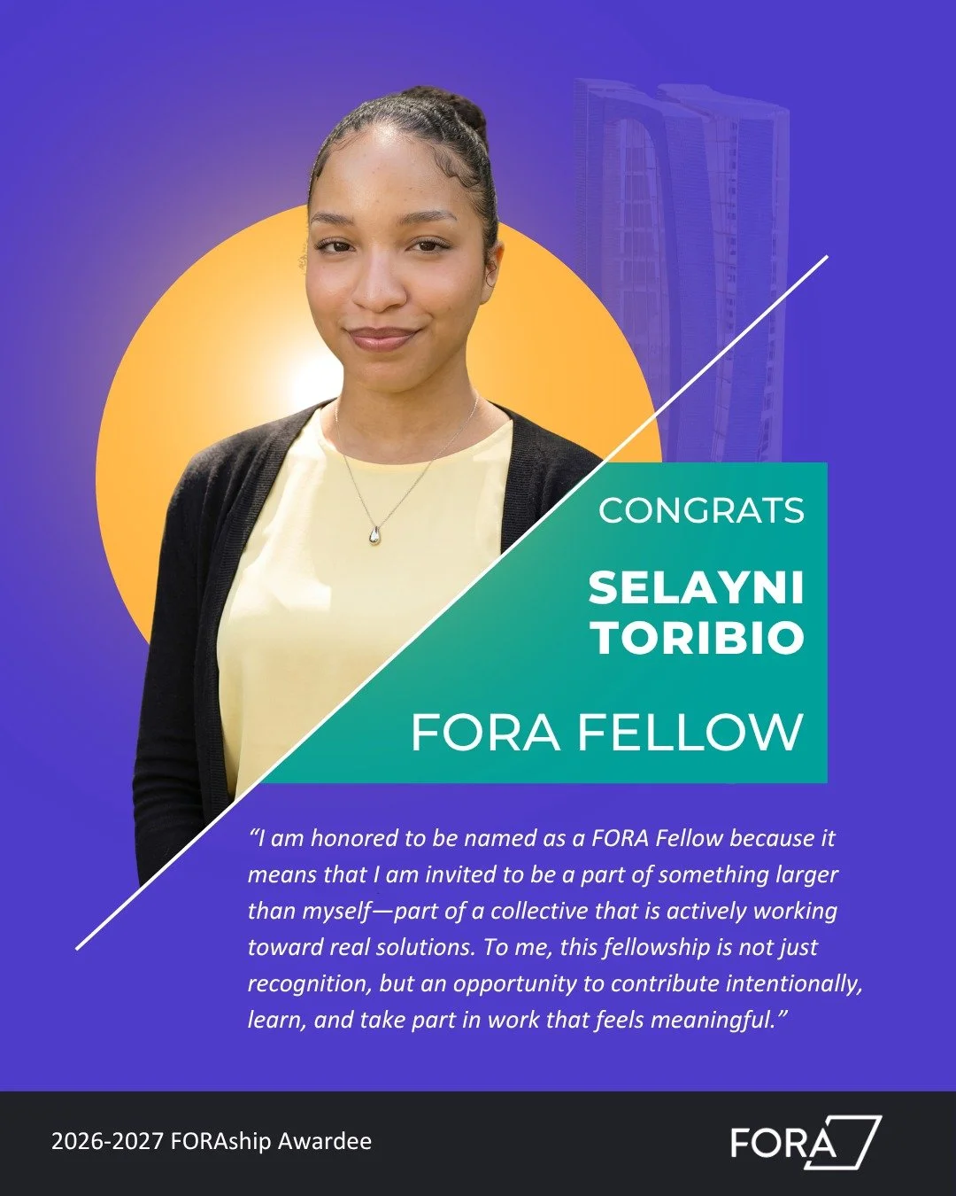 Please join us in congratulating Selayni Toribio on being selected for the 2026&ndash;2027 FORA Fellowship and welcoming her to the team! ✨🚀

Selayni is currently pursuing her B.S. in Architecture at Washington University in St. Louis and brings a d