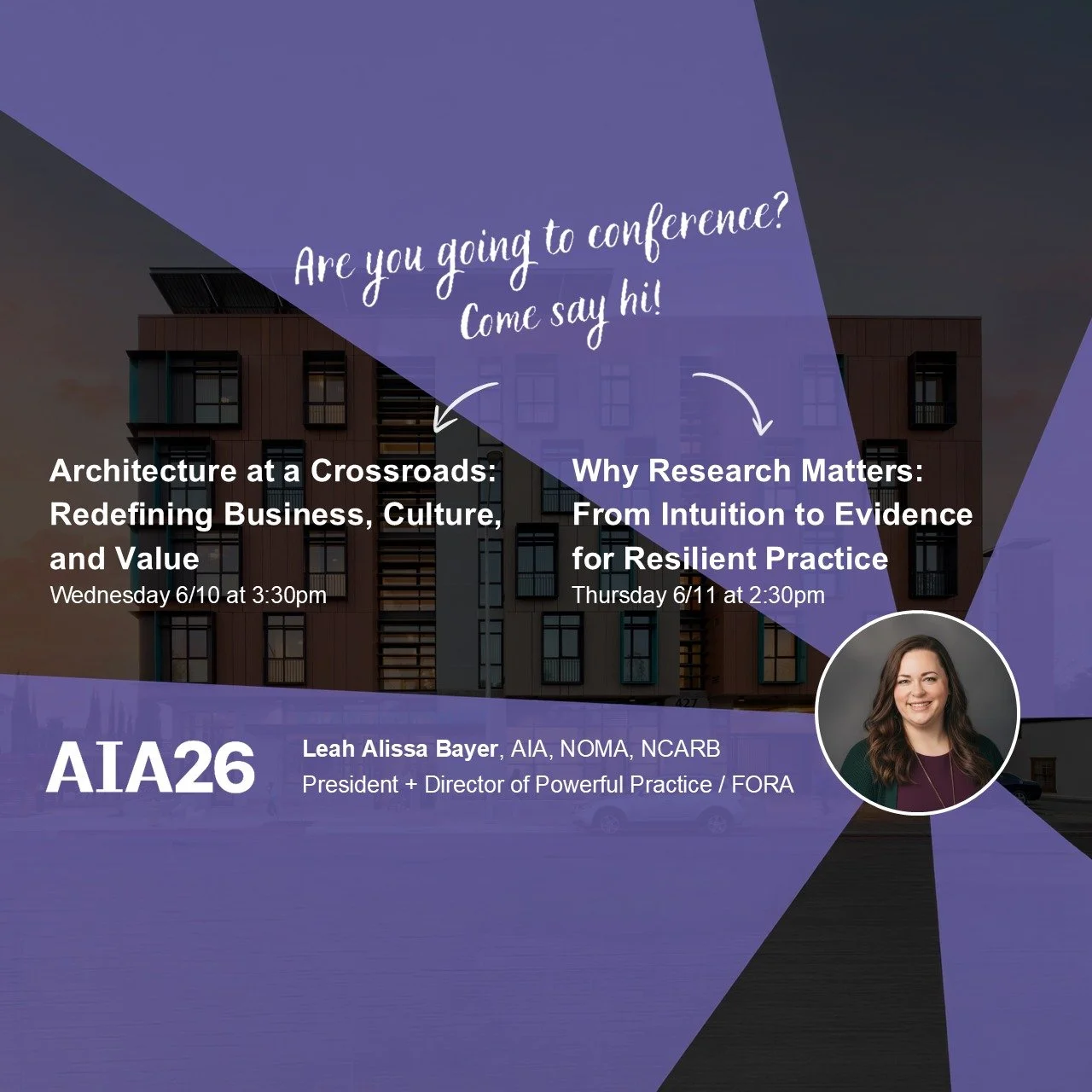 AIA26, here we come! ✈️💜

Next week, FORA President Leah Bayer will be speaking at two sessions exploring topics we're admittedly kind of obsessed with: 

🔹 The future of architectural practice 
🔹 Research as a tool for better outcomes

From rethi