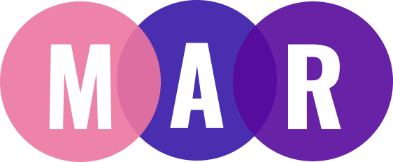 M-A-R in pink, blue, and purple circles symbolizing spotlights as well as NYC's subway trains.