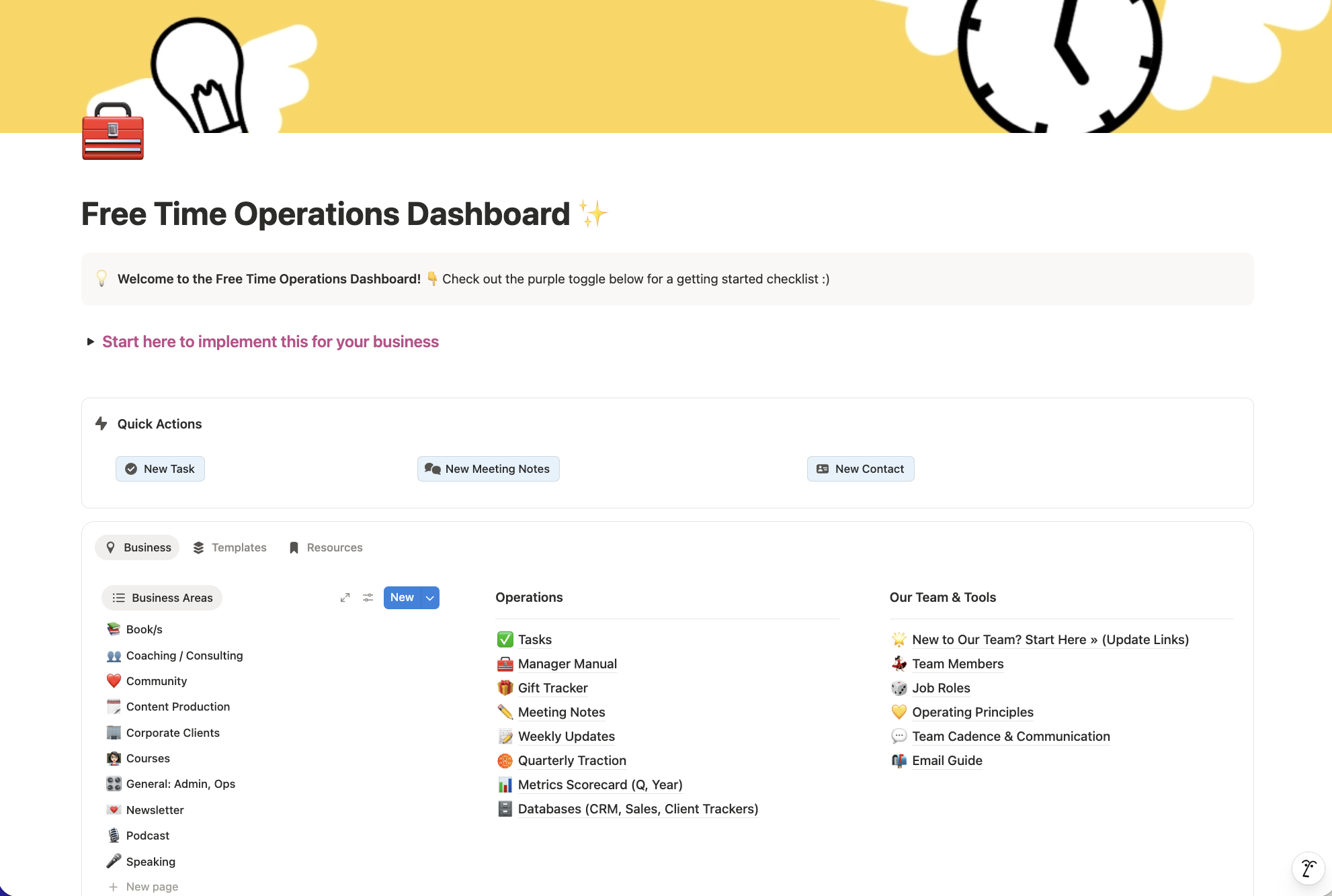 Free Time Operations Dashboard Home Page