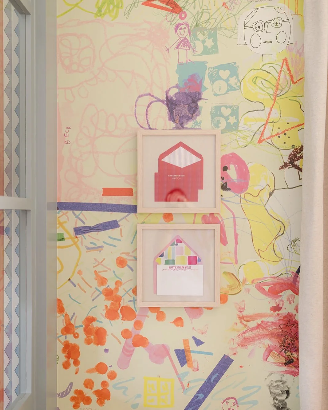 A little paper time capsule, framed and on display. Our family&rsquo;s evolution told through stationery:
* The first the stationery we used for wedding thank-yous
* My solo set from the era when I couldn&rsquo;t decide about my last name: &ldquo;Mar