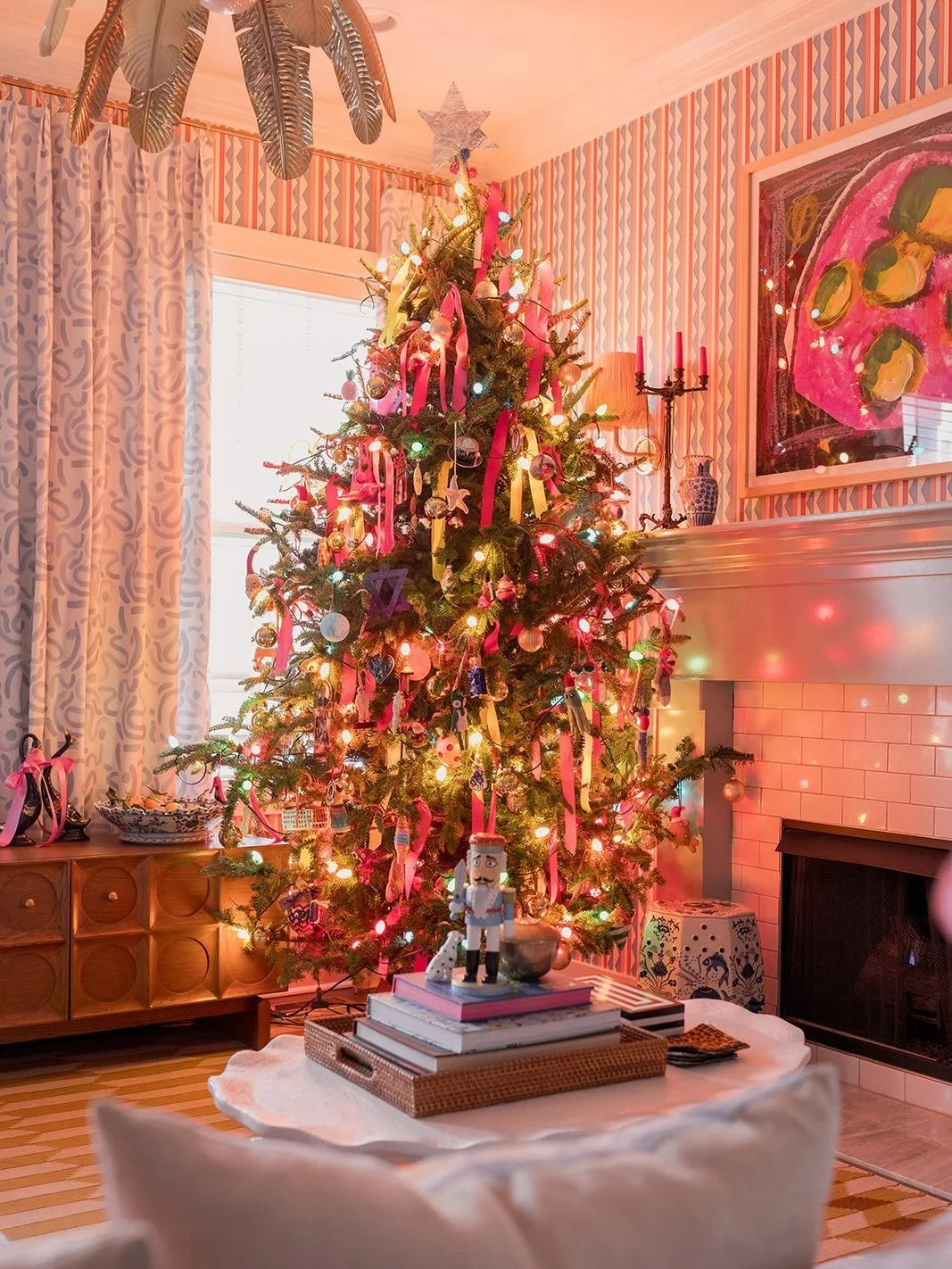 HOW I DECORATE OUR TREE: Here&rsquo;s how we do it &mdash; not Pinterest-perfect, not designer-precious &mdash; just joyful, practical, and very us. 
1. Start with the lights. I go with oversized colorful C7 bulbs. They are unmatched in joy and nosta