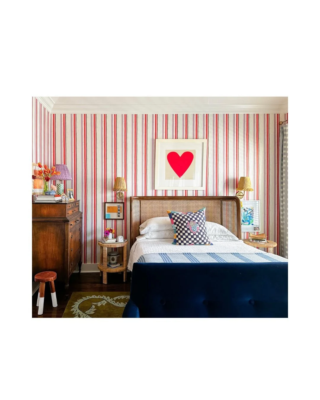 Another before-and-after moment for you: our primary bedroom now, and what it looked like before we were able to invest in better furniture, window treatments, and wallpaper. I wanted it to feel like the coolest hotel in Hawaii, with a hefty dose of 