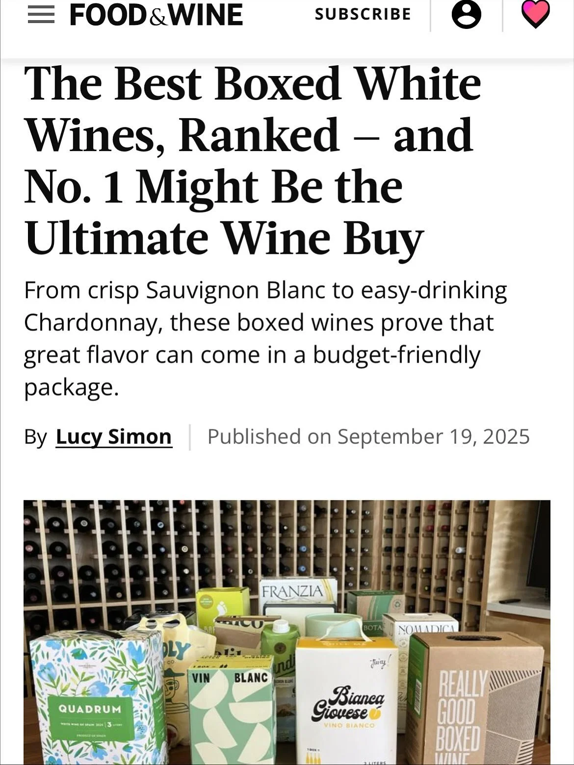 Boxed wine is trending and this @foodandwine article highlighting @alileowines proves it. On top of being ranked #2 in this boxed wine list, @alileowines  is touted for being &ldquo;most unique&rdquo; for its Young Bianco. Thank you to @gingersnuggie