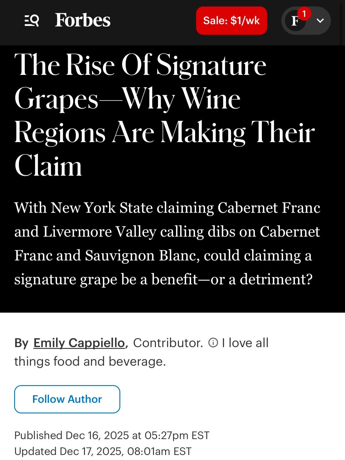 In this @forbes article, @emily.cappiello highlights how wine regions including @livermorevalleywine are championing signature grapes where @livermorevalleywine&rsquo;s signature varietals include Cabernet Franc and Sauvignon Blanc🍇 Big thank you @e