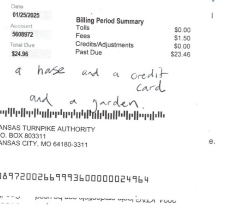 when i turn 29, pen on overdue toll bill from kansas turnpike authority. 2025