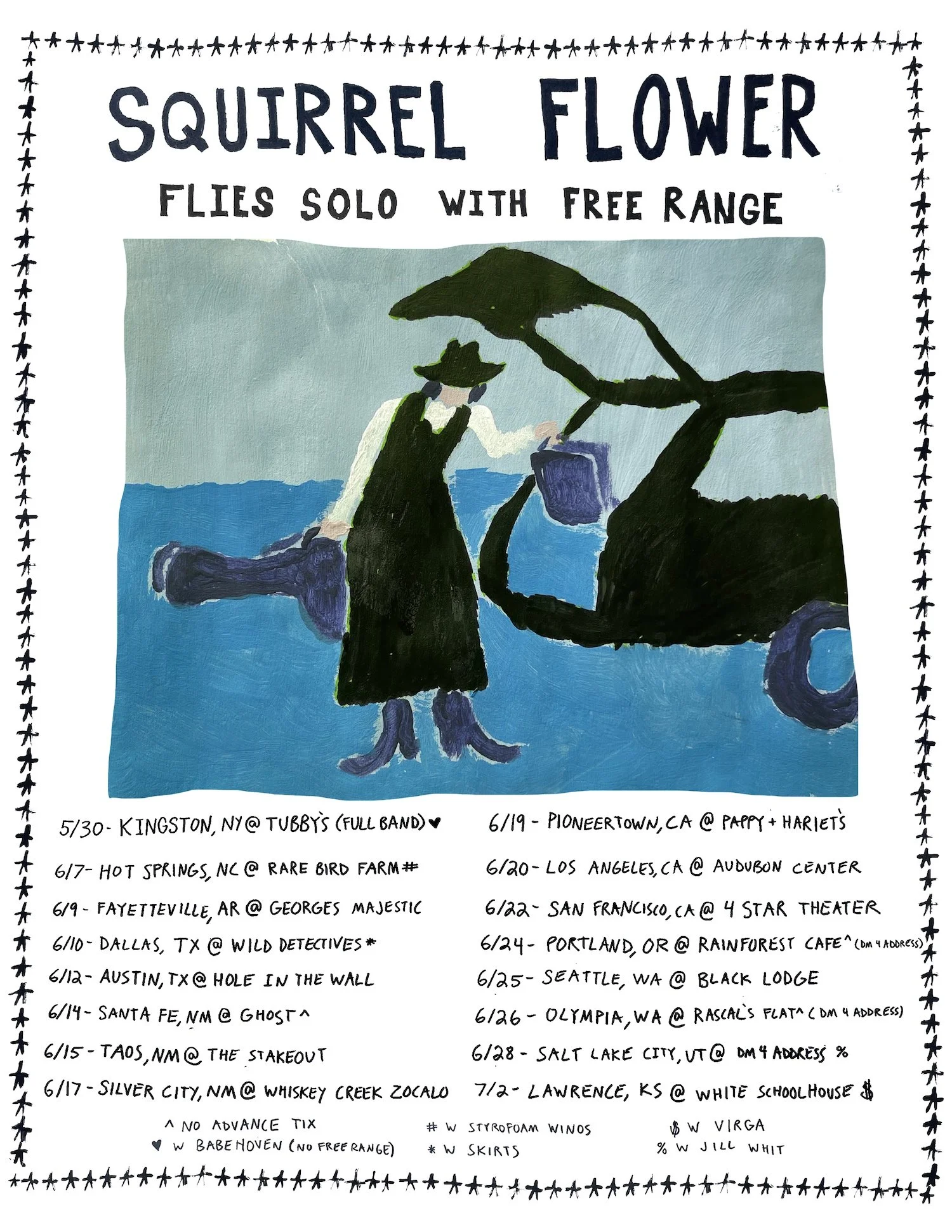 2025/squirrel flower flies solo with free range/poster by john andrews